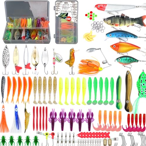 EXAURAFELIS Fishing Lures Tackle Kit, Mixed Hard & Soft Baits Metal Spoons Fishing Accessories for Bass Trout Pike Freshwater Saltwater Fishing - color: 130pcs