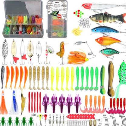 EXAURAFELIS Fishing Lures Tackle Kit, Mixed Hard & Soft Baits Metal Spoons Fishing Accessories for Bass Trout Pike Freshwater Saltwater Fishing - color: 130pcs