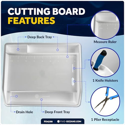 Five Oceans Boat Cutting Board, 17"x14"- Deluxe Bait Cutting Table with Rod Holder Mount, Knife & Pliers Holder, 3 Deep Trays & Draining Hole - 1-Year Warranty - FO4298 - color: Deluxe Bait Cutting Board (Rod Holder Mount)