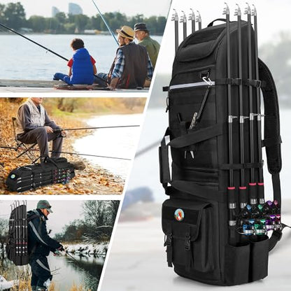 Rexmica Fishing Rod Tackle Bag Fishing Backpack Holds 8 Rods & Reels | Large Compartment, Tactical Molle System, Holds 5pack 3700 Tackle Box, 8 Rod Holder, for Tackle Box/Fishing Gear/Fishing Pole
