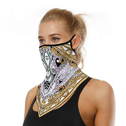 YAYOUREL Neck Gaiter Face Mask Bandanas for Men Women UV Face Scarf Cover Ear Loop Hole Facemask for Fishing Running Cycling - color: Gold White Purple