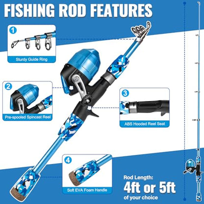 PLUSINNO Kids Fishing Pole with Spincast Reel Telescopic Fishing Rod Combo Full Kits for Boys, Girls, and Adults - color: Blue (with Fishing Net), size: 5FT / 1.5M