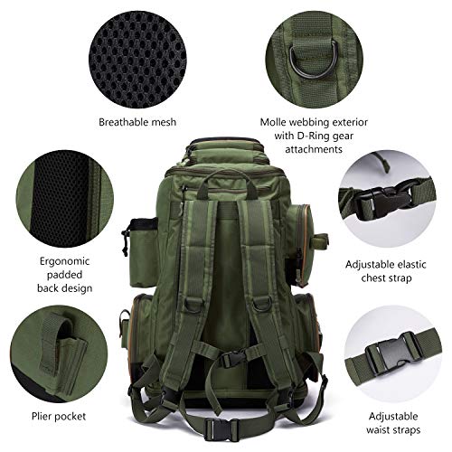 BASSDASH Fishing Tackle Backpack Water Resistant Tactical Bag Soft Tackle Box with Rod Holder and Protective Rain Cover - color: Green Backpack [3670] With 4 Trays