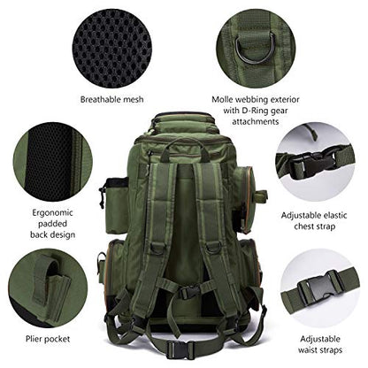 BASSDASH Fishing Tackle Backpack Water Resistant Tactical Bag Soft Tackle Box with Rod Holder and Protective Rain Cover - color: Green Backpack [3670] With 4 Trays
