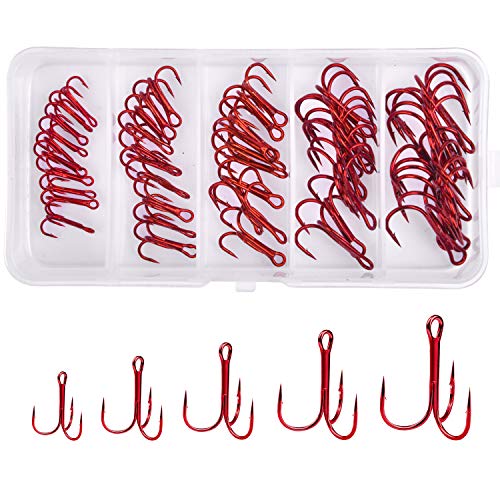 Red Treble Hooks Kit, Circle Round Bend Triple Fishing Hooks Stainless Steel Double Split Rings Assorted Fishing Tackle Box Kit for Fishing Gear Equipment Freshwater Saltwater - color: 50pcs Hooks Kit