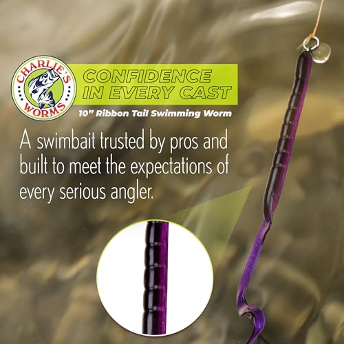Charlie's Worms 10" Ribbon Tail Soft Plastic Worms for Bass Fishing, Freshwater & Saltwater Lures, Scented Swim Bait, Texas Rigged, Weedless, Large & Smallmouth, White Firetail, 6-Pack - color: Black Green Red Glitter