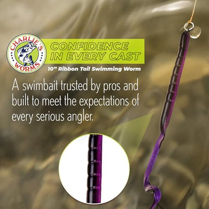 Charlie's Worms 10" Ribbon Tail Soft Plastic Worms for Bass Fishing, Freshwater & Saltwater Lures, Scented Swim Bait, Texas Rigged, Weedless, Large & Smallmouth, White Firetail, 6-Pack - color: Black Green Red Glitter