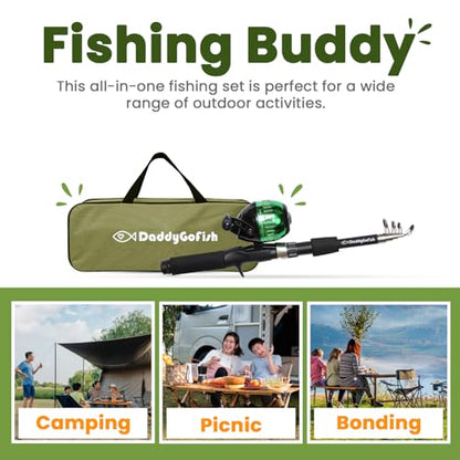 DaddyGoFish Kids Fishing Pole - Rod Reel Combo Tackle Box Starter Set - First Year Small Dock Gear Kit for Boys Girls Toddler Youth Age Beginner Little Children Junior Anglers Older Kids - color: Green