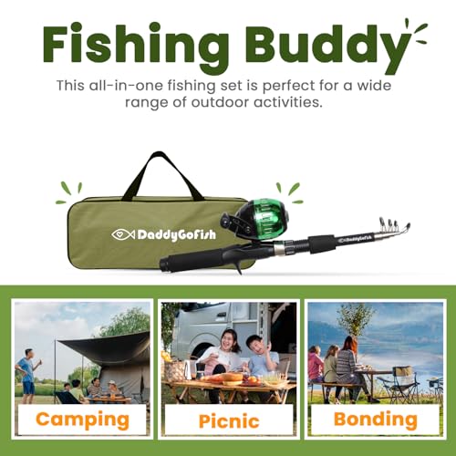 DaddyGoFish Kids Fishing Pole - Rod Reel Combo Tackle Box Starter Set - First Year Small Dock Gear Kit for Boys Girls Toddler Youth Age Beginner Little Children Junior Anglers Older Kids - color: Green