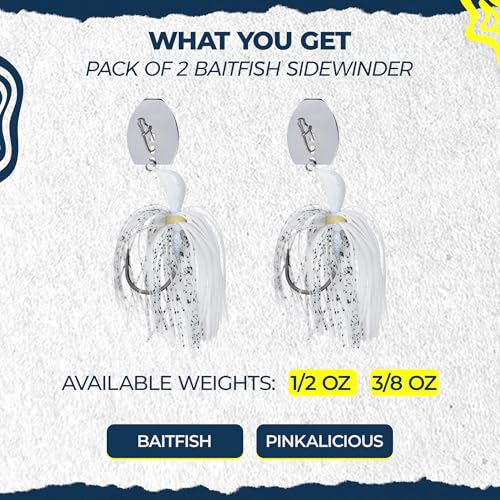 Sidewinder Bladed Jigs for Bass Fishing 1/2 Oz and 3/8 Oz | 2 and 5 - Pack | Fishing lures with 5/0 bladed jig head, vibrating shaker blade, low-column action, lifelike baitfish profile & skirt colors - size: 3/8 oz Baitfish ( Pack of 2 )