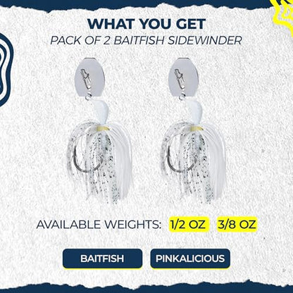 Sidewinder Bladed Jigs for Bass Fishing 1/2 Oz and 3/8 Oz | 2 and 5 - Pack | Fishing lures with 5/0 bladed jig head, vibrating shaker blade, low-column action, lifelike baitfish profile & skirt colors - size: 3/8 oz Baitfish ( Pack of 2 )