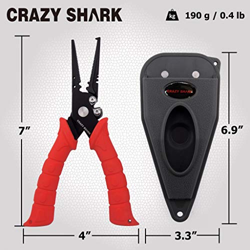 Fishing Pliers, Stainless Steel Fishing Tools, Saltwater Resistant Fishing Gear, Tungsten Carbide Cutters, Split Ring Pliers, Hook Remover with Coiled Lanyard and Sheath - color: Red - 7" Split Ring Nose