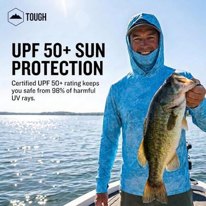 Tough Outfitters Hooded Fishing Shirt UPF 50+ Realtree Camo Sun Hoodie for Men Women – Long Sleeve UV Protection Lightweight - color: Blue, size: Medium