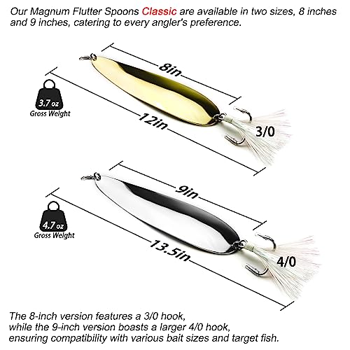 Magnum Flutter Spoon Jigging Lures, 8-9 Inch Large Hard Metal Sinking Trolling Casting Striper Fishing Spoon Baits for Striped Bass, Salmon, Walleye, Saltwater, Freshwater, Deep Sea Fishing - color: Classic - Gold Large Spoon, size: B - 9" Classic - 4.7oz