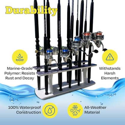 Rush Creek Creations Reel Salty Gray/White/Blue 11-Rod Marine Grade Fishing Rod Holder - Bi-Level Design, UV-Resistant, 100% Waterproof for Garage and Dock - size: 11-Rod