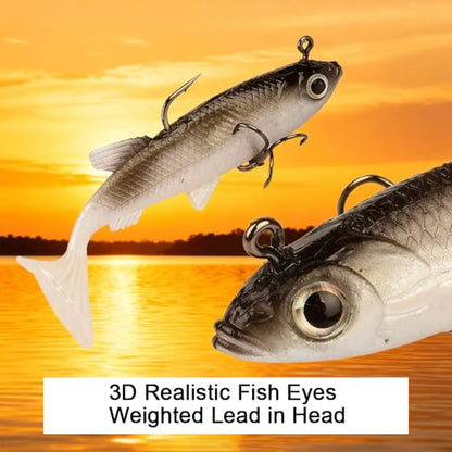 5PCS Soft Fishing Lures Shad Minnow Swimbaits PreRigged Jig Heads Paddle Tail Swim Baits for Bass Trout Walleye Crappie Sinking Jigs Bait for Men Saltwater Freshwater Fishing Gifts