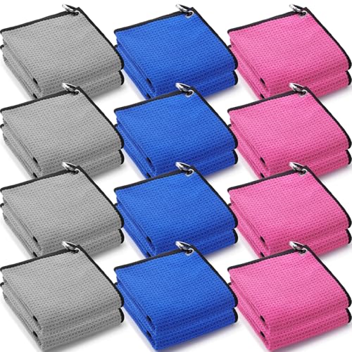 Batiyeer 12 Pcs Golf Towel Bulk for Golf Bags Microfiber Fabric Towel with Clip Waffle Pattern, Fitness, Camping, Hiking, Yoga - color: Rose Red, Gray, Blue