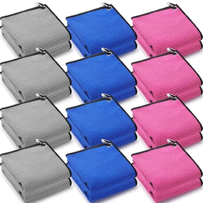 Batiyeer 12 Pcs Golf Towel Bulk for Golf Bags Microfiber Fabric Towel with Clip Waffle Pattern, Fitness, Camping, Hiking, Yoga - color: Rose Red, Gray, Blue