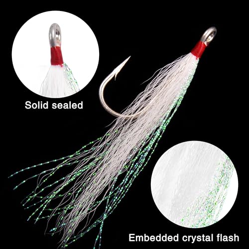 Bucktail Teasers Fishing Hooks Saltwater Flounder Rig Bucktail Mylar Teasers Inserted Stainless Steel Fishing Teaser Hooks for Striped Bass Trout Catfish Cod Flounder Hi/Lo Rig Jigs Spoons Lures - color: White, size: 6pcs
