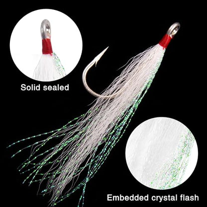 Bucktail Teasers Fishing Hooks Saltwater Flounder Rig Bucktail Mylar Teasers Inserted Stainless Steel Fishing Teaser Hooks for Striped Bass Trout Catfish Cod Flounder Hi/Lo Rig Jigs Spoons Lures - color: White, size: 6pcs