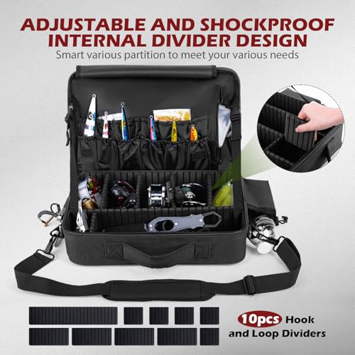 Goture Fishing Reel Case, Hard Shell Storage Bag with Adjustable Dividers | Modular dividers for custom fit 600D water-resistant fabric & EVA padding Integrated rod straps & quick-access pockets - color: Black