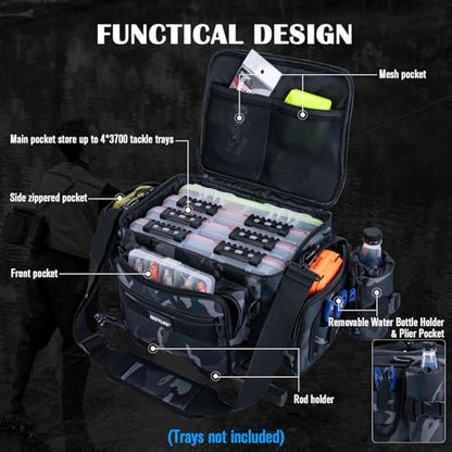Goture Fishing Tackle Bag,Store Up to 4PCS 3700 Tackle Boxes(Not Included),600D Soft Side Water-Resistant Saltwater Gear Storage Fishing Bag with Rod Straps,Detachable Water Bottle Pouch,SBS Zippers - color: A3:Camo(Without Trays-17.72"x11.81"x9.45"), siz