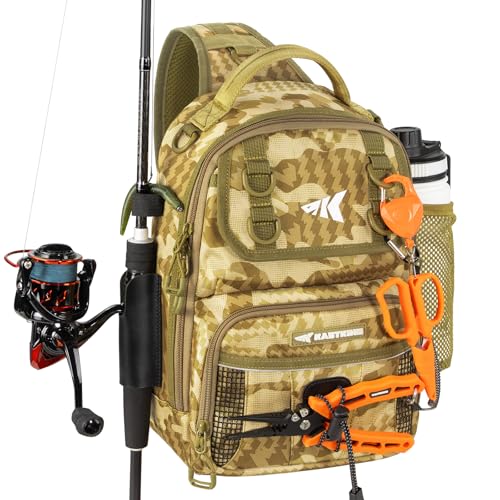 KastKing BaitSpace Fishing Sling Bag, Fishing Backpack with Rod & Beverage Holder, Tackle Bag for Fishing Gear - color: C: Khaki Camo, size: Standard