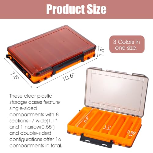 3 Pack Fishing Lure Boxes Tackle Storage Plastic Double Sided Fishing Tackle Organizer with Dividers for Hooks Crankbaits Kayak Boat Freshwater Saltwater Orange Gray Yellow 10.6" × 7.5" × 2.0"