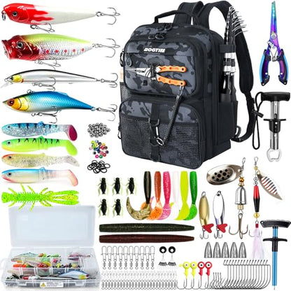 Fishing Backpack with Tackle Boxes & Lures Kit Lightweight 25L Tackle Bag with Fishing Gear and Rod Holder, Fish Gifts for Men Woman-Camo Backpack - color: Camo Backpack