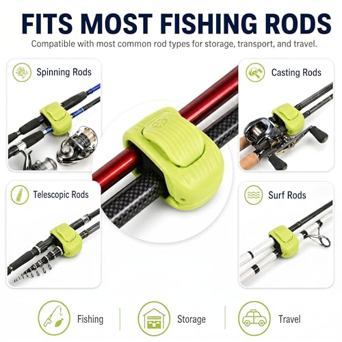 Fishing Rod Holder Clip with EPDM Non-Slip Strap, Portable Pole Tie and Wrap Organizer for Spinning, Casting and Telescopic Rods, Protective Rod Band for Travel and Storage