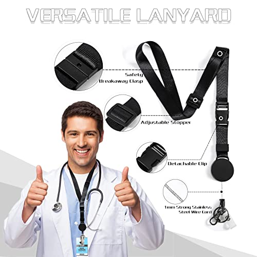 DELSWIN Heavy Duty Retractable Lanyard - Breakaway Lanyards for ID Badges Keys, Retractable Keychain with Upgraded Carabiner, Key Ring, and 2-Card Thumb-Slot Badge Holder, 8 oz Retraction - color: Matte Black - Lanyard