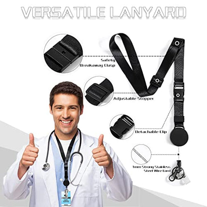 DELSWIN Heavy Duty Retractable Lanyard - Breakaway Lanyards for ID Badges Keys, Retractable Keychain with Upgraded Carabiner, Key Ring, and 2-Card Thumb-Slot Badge Holder, 8 oz Retraction - color: Matte Black - Lanyard