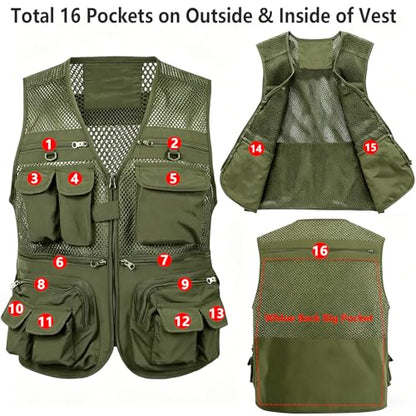 HUNTURE Fishing Vest,Pocket Vest and Hat Gloves Neck Gaiter Set for Men,Lightweight Utility Outerwear Vest - color: Green, size: Small