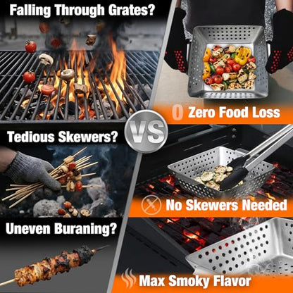 3 Piece Stainless Steel Grill Basket Set with Basting Brush, Heavy Duty Small Vegetable Grill Basket for Outdoor Grill - Perforated Compact BBQ Grill Pan & Wok Accessories for Gas, Charcoal, Veggies