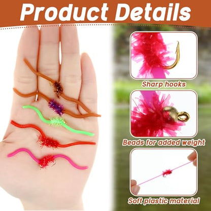 12 Pcs San Juan Trout Worm Lure Kit - Bead Head Soft Plastic Baits, Realistic Worm Lures for Trout, Bass, Salmon, Steelhead & Freshwater Fishing - size: Size 12