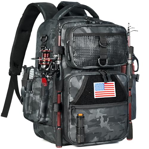 Ghosthorn Fishing Backpack with Tackle Boxes Fish Lip Gripper Pliers Lures Waterproof Tackle Bag with Rod Holder Fishing Gear - color: Tpu Black, size: Large