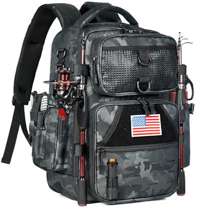 Ghosthorn Fishing Backpack with Tackle Boxes Fish Lip Gripper Pliers Lures Waterproof Tackle Bag with Rod Holder Fishing Gear - color: Tpu Black, size: Large
