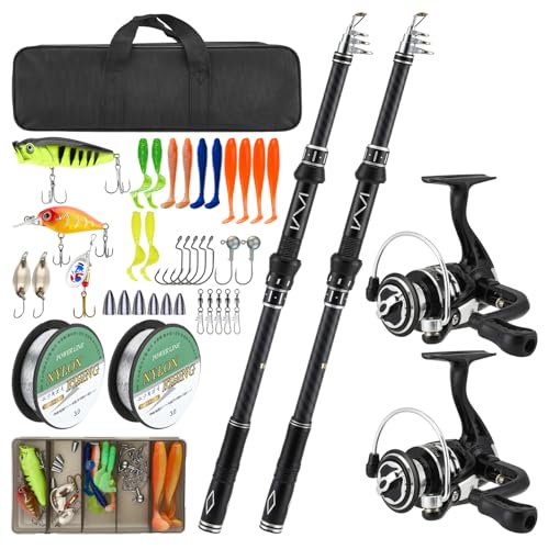 2PCS Telescopic Fishing Rod and Reel Combo Sets, Collapsible Fishing Pole Set with 2 Carbon Fiber Fishing Poles, 13BB Pre‑Spooled Spinning Reels, Saltwater Fishing Rod for Adults and Beginners