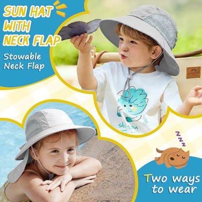 Outdoor Kids Sun Hats with Neck Flap Boys Girls Wide Brim UPF 50+ UV Protection Children Bucket Hat Safari Hat - color: 1pack-lightgrey