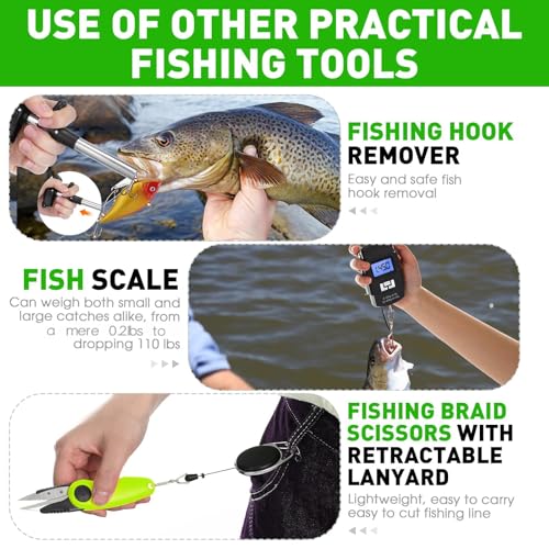 RoundFunny 10 Pcs Fishing Tool Kit, Fishing Pliers with Lanyard and Protective Sheaths, Landing Net, Fillet Knife, Fish Scale, Gripper, Hook Remover, Braid Scissors, Gloves for Men Dad Gift - color: Green