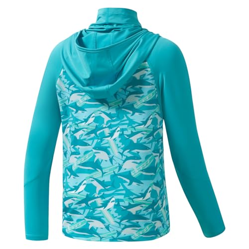BASSDASH Youth UPF 50+ Hooded Shirts with Mask UV Neck Gaiter Sun Protection Long Sleeve T Shirt for Fishing Swim - color: Coastal Shade/Shark, size: Small