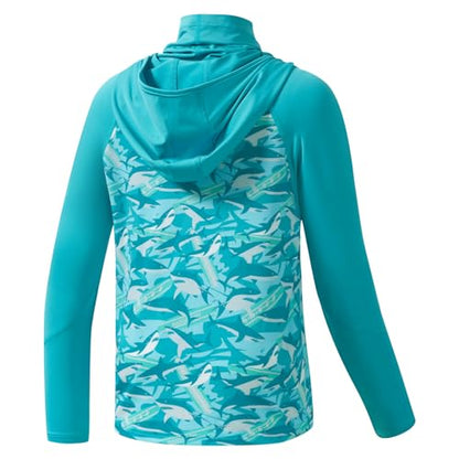 BASSDASH Youth UPF 50+ Hooded Shirts with Mask UV Neck Gaiter Sun Protection Long Sleeve T Shirt for Fishing Swim - color: Coastal Shade/Shark, size: Small
