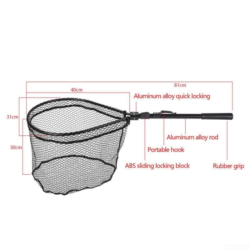 Quick Folding Fishing Landing Net with Rubber Mesh for Trout Catch and Release, Aluminum Alloy Frame, Collapsible Design, 31.9 Inch Total Length, Black