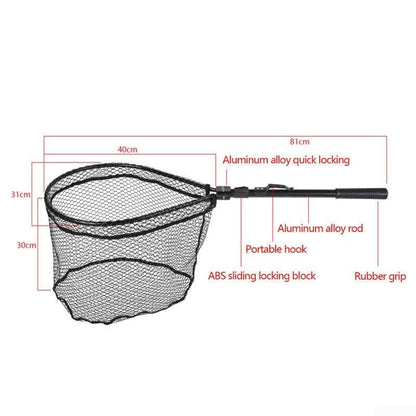 Quick Folding Fishing Landing Net with Rubber Mesh for Trout Catch and Release, Aluminum Alloy Frame, Collapsible Design, 31.9 Inch Total Length, Black