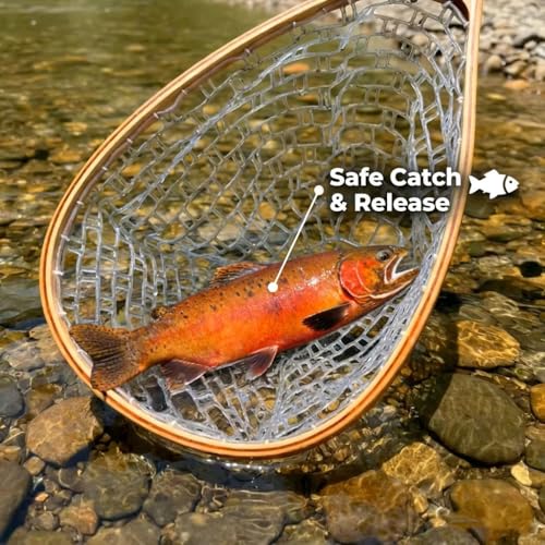 YYKBlueSky Fly Fishing Landing Net - 24" Trout Net, Soft Clear Silicone Mesh for Catch and Release, Durable Wood Frame, Safety Lanyard & Carabiner for Wading, Kayak & Boat Fishing