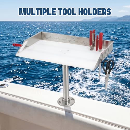 20" Boat Cutting Board, Fishing Filet Table with Tool Holders, CT607 | with Rod, Stainless Steel Ruler, Knife Slots, Plier Storage, Hooks & Cover, for Fishing Boat, Pontoon Boat, Yacht