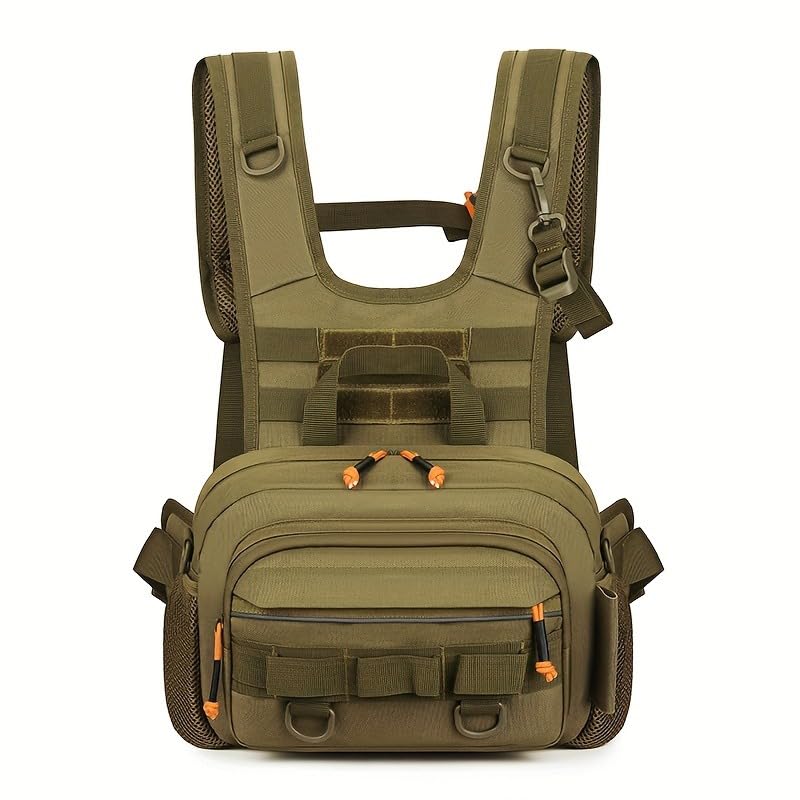 Fly Fishing Backpack Vest, Lightweight Nylon Tackle Chest Pack with Multiple Storage Pockets (Khaki)
