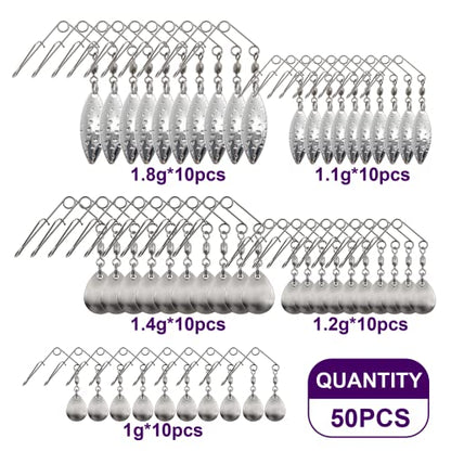 Fishing Spinnerbait Smooth Spoons Kit Fishing Spinner Blades Smooth Spoons Rigs with Willow and Teardrop Making Fishing Lures Replacement Accessories - color: A: 50Pcs Spinnerbaits Smooth Spoons Kit