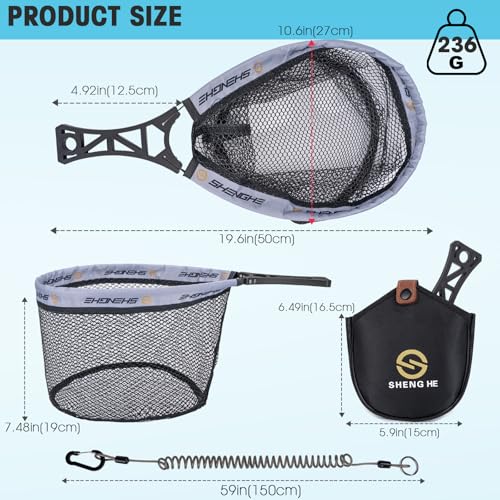 THKFISH Fly Fishing Landing Net, Foldable Landing Trout Net with ABS Handle,Rubber Coated Mesh Trout Net with Tackle Bag for Trout Bass Catch and Release, Portable Fly Fishing Gear,M/L - size: L-GREY