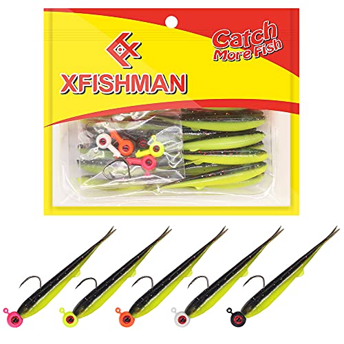Crappie-Baits- Plastics-Jig-Heads-Kit-Minnow-Fishing-Lures-for Crappie-Panfish-Bluegill-20Piece Kit - 15 Bodies- 5 Crappie Jig Heads - color: #07 TuxedoBlack-Chartreuse